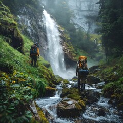 Canvas Print - Hikers Discover Serene Hidden Waterfall Nestled in Lush Forest Landscape