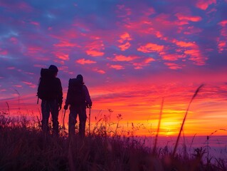 Poster - Silhouetted Hikers Against Vibrant Sunset Sky Capturing Dramatic Hiking Concept