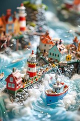 Poster - A miniature seaside town with tiny boats, lighthouses, and seagulls, with waves crashing against the shore.