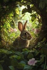 Canvas Print - A rabbit with curious human expressions explores a magical garden, discovering hidden secrets.