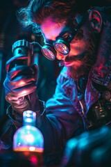 Wall Mural - A scientist with a metal-plated arm and a monocle examines a glowing vial of mysterious liquid.