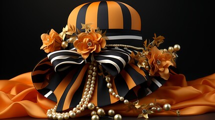 A striped party cap with metallic streamers draped around it, set against a solid orange background