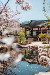 Poster - A tranquil spring day at a hanok, with a pond surrounded by cherry blossoms and light filtering through the trees.