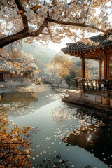 Wall Mural - A tranquil spring day at a hanok, with a pond surrounded by cherry blossoms and light filtering through the trees.