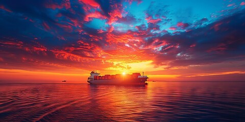 Wall Mural - Sunset Over Ocean with Container Ship and Dramatic Sky in Vibrant Colors