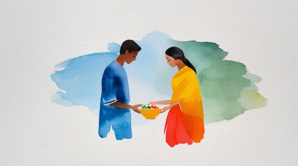 Sticker - a brother and sister sharing sweets, vibrant watercolor illustration capturing the essence of Raksha Bandhan 