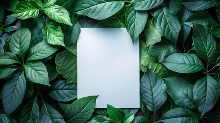 Blank white paper mockup surrounded by lush green leaves. Nature themed design element perfect for branding, advertisement, and social media.