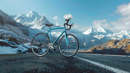 A blue bicycle on a mountain road, symbolizing adventure, freedom, and exploration. Ideal for travel, sports, and lifestyle themes.