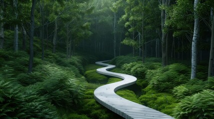 Wall Mural - A winding path through a lush forest with trees on either side