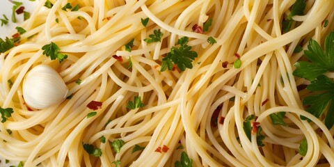 Wall Mural - Delicious Spaghetti Aglio Olio with Garlic, Chili Flakes, and Parsley A Close-Up View. Concept Food Photography, Italian Cuisine, Pasta Recipe, Cooking Inspiration, Culinary Art