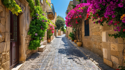  ''cobblestone alley in Rhodes Old Town, ivy-covered buildings, colorful flowers, charming and quaint, historical atmosphere'' 