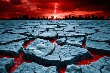 City skyline under dark red sky with lightning and cracked ground emitting a glow, representing a dramatic, apocalyptic scene.