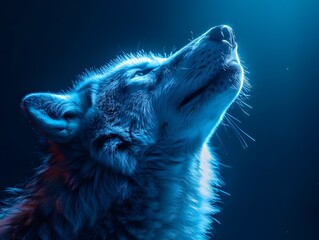 Wall Mural - neon wolf howling at the radiant moon with glowing blue and white light effects on black background