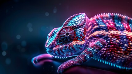 Wall Mural - mesmerizing neon chameleon with shifting prismatic glow on dark background