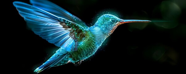 Wall Mural - Neon Hummingbird with Vibrant Wings Captured Mid Flap on Black Background