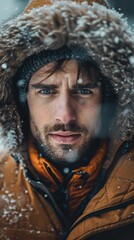 Wall Mural - Canadian man with a winter jacket, looking ready for cold