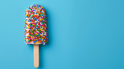 Canvas Print - popsicle with bright sprinkles isolated on a vibrant pastel background, playful and fun, with empty space for text 