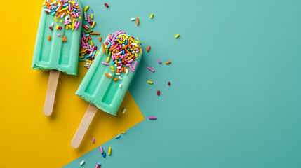 Canvas Print - popsicle with sprinkles isolated on a gradient background of mint green to yellow 