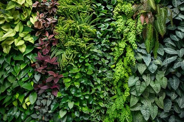 Sticker - Green living wall with perennial plants in modern office. Urban gardening landscaping interior design. Fresh green vertical plant wall inside office