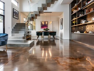 The foyer of a contemporary suburban house, featuring a floating staircase and polished concrete floors. Entry to a sophisticated dining room with velvet chairs on the left, and a spacious living room