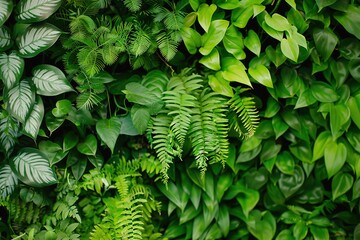 Sticker - Green living wall with perennial plants in modern office. Urban gardening landscaping interior design. Fresh green vertical plant wall inside office