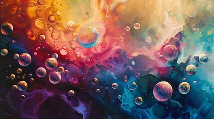 A painting of a colorful galaxy with many small bubbles