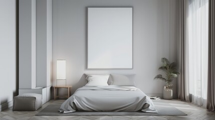 Wall Mural - illustration of stylish modern white bedroom with cozy bed and empty frame on wall