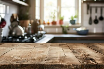 Poster - Grunge natural wooden table top with copy space for product advertising over blurred kitchen background at home