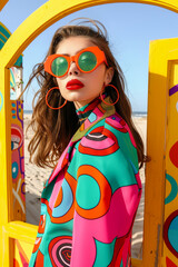 Poster - A woman wearing a colorful outfit and sunglasses poses in front of a yellow door