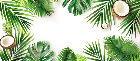 Abstract green nature background with tropical leaves and isolated coconut on a white background