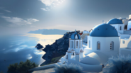 A digital art of Santorini’s blue domes overlooking the Aegean Sea