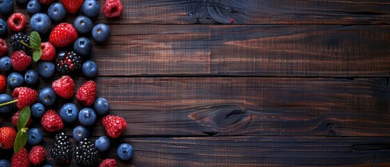 Wall Mural - Fresh mix berries scattered on rustic wooden table, top view, natural lighting, bright colors, copy space