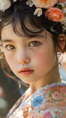 Wall Mural - Close-up of a young Japanese girl with a floral headband