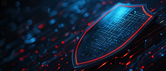 3D shield with tech symbols, abstract digital background, protection theme,