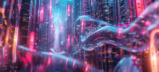 A digital rendering of a futuristic city, featuring towering structures with glowing lights and translucent, organic shapes