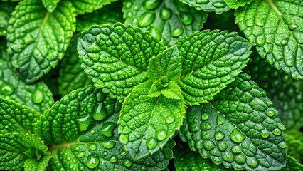 Water droplets on mint leaves creating a natural and fresh green pattern, highlighting their ecological beauty