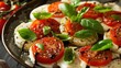 © Tin - Delicious Caprese salad with fresh tomatoes, mozzarella, basil, and a drizzle of balsamic vinegar on a black plate, ready to be served.
