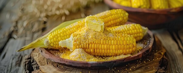 Wall Mural - Fresh corn on the cob with cornmeal on a rustic wooden table, showcasing natural produce and farm-to-table freshness.