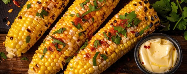 Wall Mural - Grilled corn on the cob garnished with herbs and spices, served with a side of butter. Perfect for a summer barbecue or picnic.