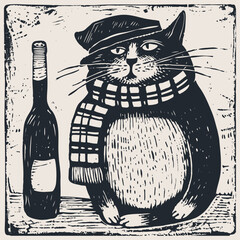 French cat in a scarf with a bottle of wine, vector illustration	