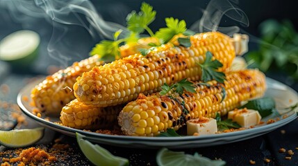 Wall Mural - Delicious grilled corn on the cob garnished with fresh herbs and spices, served with lime wedges on a plate.
