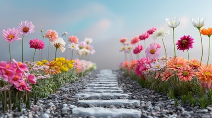 Wall Mural - A colorful garden with a path of stones leading through it