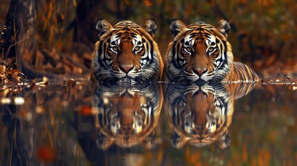 Sticker - Wild bengal tiger or panthera tigris tigris Siblings Reflection in water at bandhavgarh national park forest madhya pradesh india