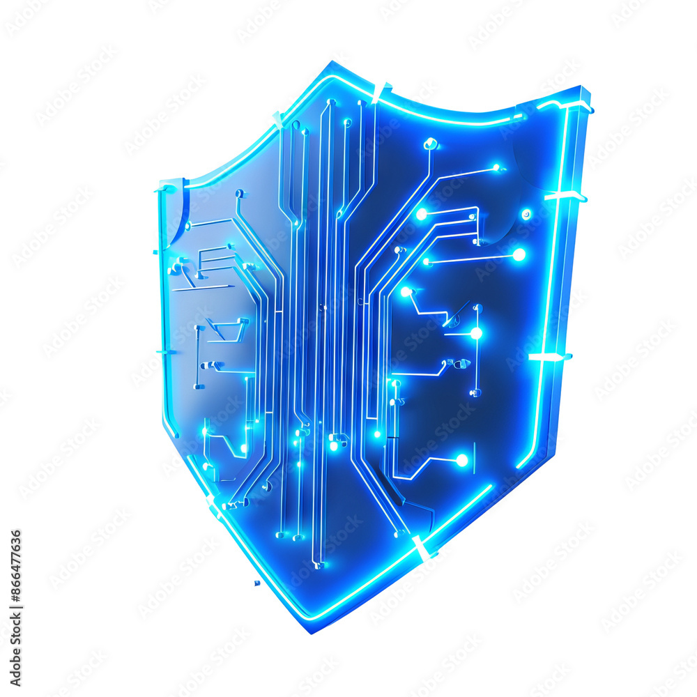 Futuristic blue digital shield with circuit , representing ...