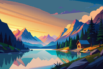 Wall Mural - Landscape of mountains with a lake