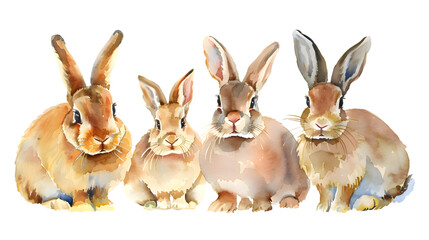 Wall Mural - Group of rabbits watercolor illustration isolated on transparent background