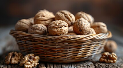 Sticker - walnuts in a wicker basket HD 8K wallpaper Stock Photographic Image  