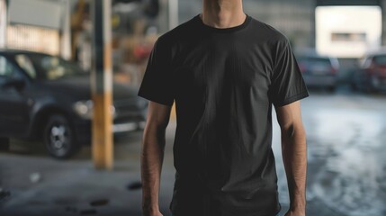A man wearing a black t-shirt stands in an industrial setting, ready for your design