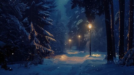 Wall Mural - scenic path in snowy forest at night banner layout