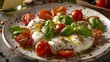 © Tin - Delicious Caprese salad with fresh mozzarella, ripe tomatoes, basil, olive oil, and seasonings, arranged beautifully on a rustic plate.